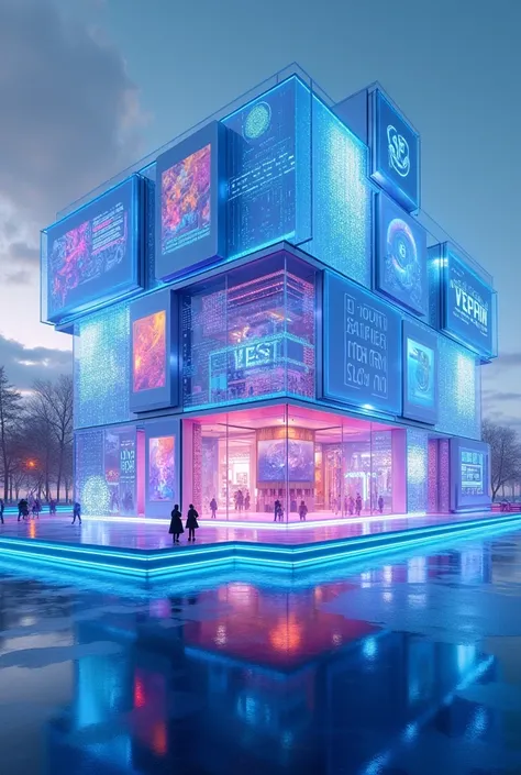 Futuristic Building　Fourth dimensional building　Blue and pink glass　
low　Complex　Museum　Particle Computer SF Circles and Squares　Transparent tablet advertising in front of a building　Letters made of blue light in space　Computer Stadium