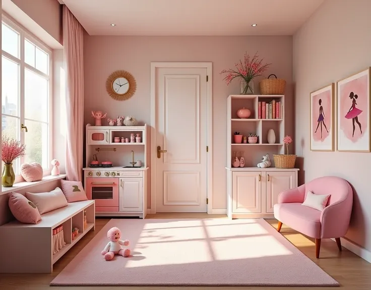 A modern apartment. Daughter play room design. Wide room. There is a kitchen play set. There is a children book shelf. There is a couch. There are many toys. There are dolls. Interior design. Modern cute pastel interior. Ballet themed room. Great lighting.