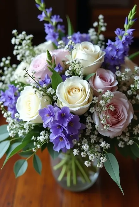 make a bouquet with white roses,baby breath,violets,peonies and iris