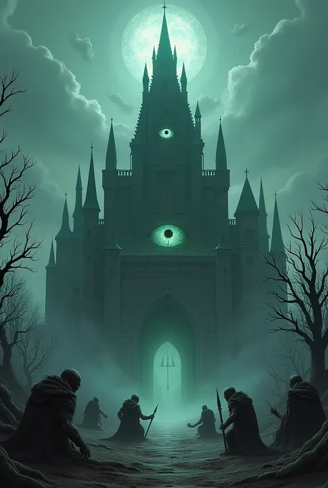 a landscape view of a huge dark evil imposing castle with some orcs bowing their heads to the castle at the bottom, there is an evil magic eye above the castle, surrounded by dead nature