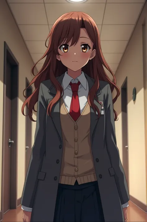 boku no hero screenshot, beautiful woman, dark brown skin, long wavy light brown hair, slanted eyes, dark eyes, relaxed expression on the face, uniform gray coat red tie, walking, school hallway in the background, looking at the camera from below, low angl...