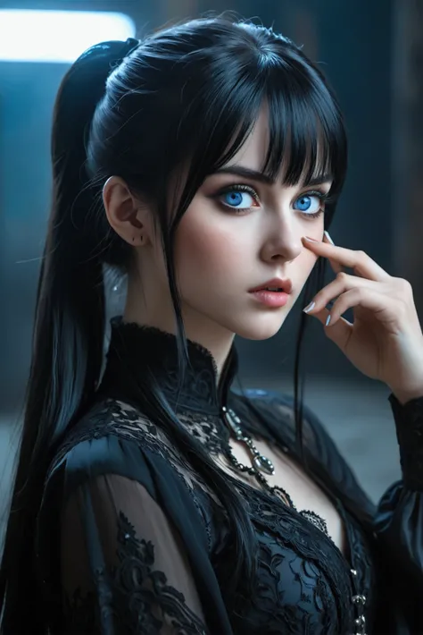 beautiful girl, black hair, bangs and long ponytail, natural blue eyes, strongly outlined gothic style eyes, high detail, pose of the index finger on the cheek, she looks expressively at the camera in a close-up detailing her beautiful face , cinematograph...