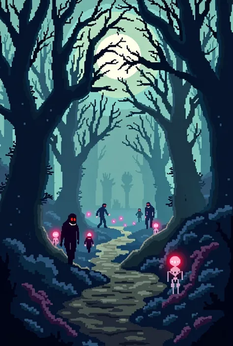 A forest full of ghosts, zombies and skeletons in a pixel art style art for games