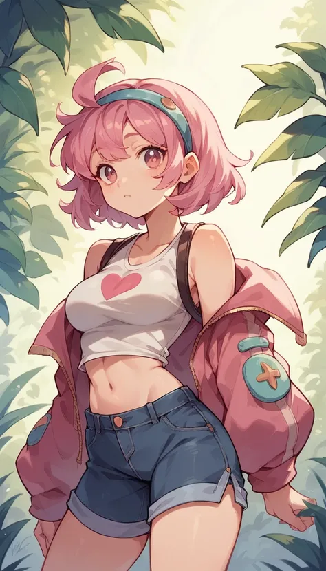 Woman short pink hair, headbands on the head, cute eyes, medium breasts, hip hop clothing