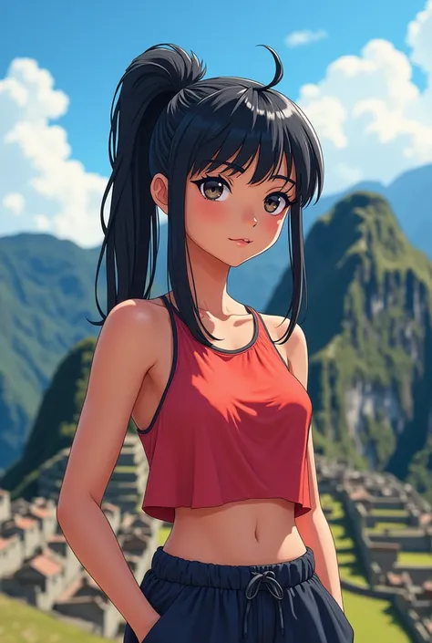 I am Peruvian with black hair and bangs, big eyes, I do my anime and I always have my hair combed in a ponytail as a background. I want Machu Picchu and I am a gym rat, I wear oversized clothes.