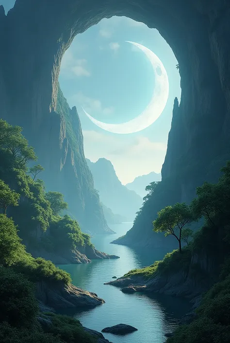 moon in a round  hole between two mountain full of tree at the middle of the sea