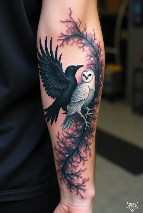 Generate a tattoo on your forearm where there is a crow and a white owl in which they are both flying