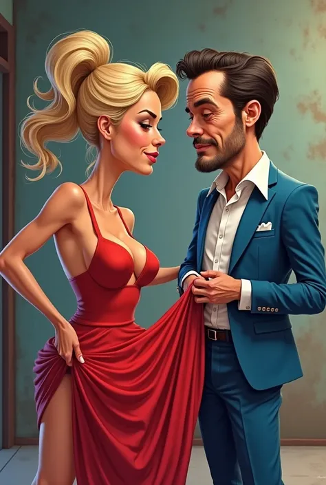 NSFW, (NSFW), ((NSFW)), naked, Caricature of a woman (Melissa Theuriau) in a red dress and a man in a blue suit, Melissa hebt ihren Rock um ihrem Begleiter ihre nakede Fotze zu zeigen, a caricature by Otto Abt, instagramart, stuckism, Comic-Arzach-Stil, Co...