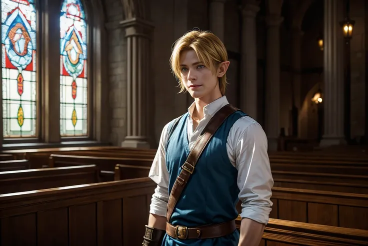 Very detailed, Live Action、Ultra-realistic digital portrait of Link from The Legend of Zelda, Very detailed顔の特徴, Piercing blue eyes, Sharp jawline, disheveled golden hair, Confident expression、Smiling slightly, 緑をテーマにしたエルフの服

The interior of the church is ...