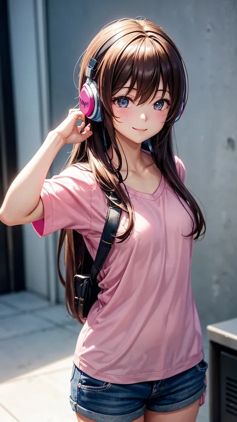 One girl, Transcendent Real、headphone、long髪、Brown Hair、 smile, cute、High resolution, masterpiece, High-resolution model, 3D Rendering, Normal chest、Short pink short sleeve shirt、long、足首まで隠れるようなlongワイドパンツ、headphone、headphone、whole body、whole body、9:16、Chara...