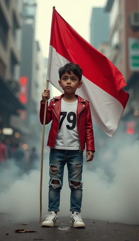 Indonesian boy 4 yo,He is wearing a white t-shirt with "79" written clearly, a trendy red leather jacket, ripped jeans,white shoes, and holding an Indonesian flag. The background is thick smoke and a dramatic red and white flag.street,jakarta indonesia