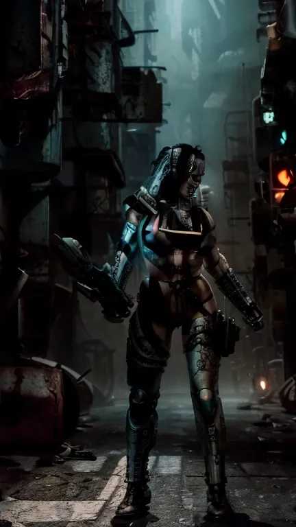 a post-apocalyptic cyborg woman, cyberpunk futuristic android, heavy metal, high-tech machinery, neon lighting, glowing eyes, detailed intricate mechanical parts, hyper-realistic, 8k, photorealistic, masterpiece, cinematic lighting, moody atmosphere, dark ...