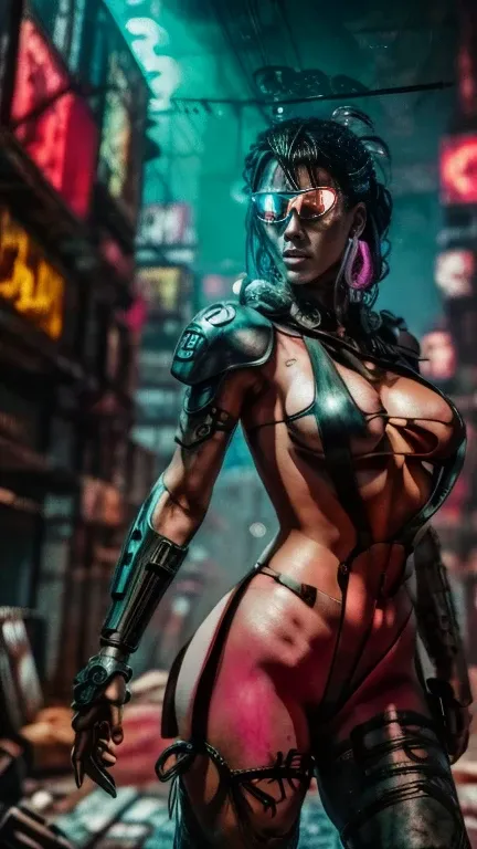 a post-apocalyptic cyborg woman, cyberpunk futuristic android, heavy metal, high-tech machinery, neon lighting, glowing eyes, detailed intricate mechanical parts, hyper-realistic, 8k, photorealistic, masterpiece, cinematic lighting, moody atmosphere, dark ...