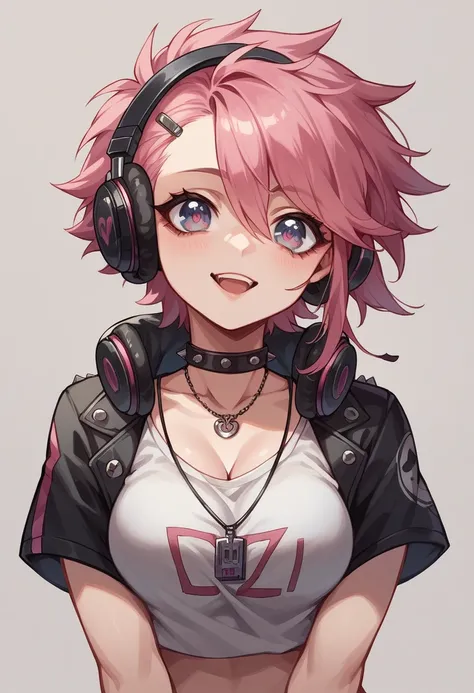 Woman short pink hair, big headphones, medium breasts, cute eyes, punk clothing