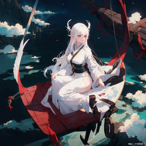 There was a woman on board，White hair，White clothes, Popular on cgstation, guweiz style artwork, author：Yang J, Beautiful digital artwork, Beautiful and elegant elf queen, White-haired deity, Ross Tran 8k, Beautiful character painting, 2. 5D CGI anime fant...