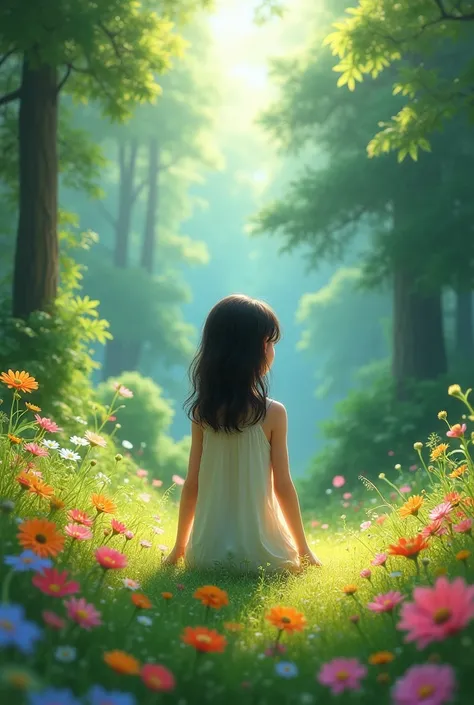 In a field of flowers in a forest a girl with her back turned enjoying the view