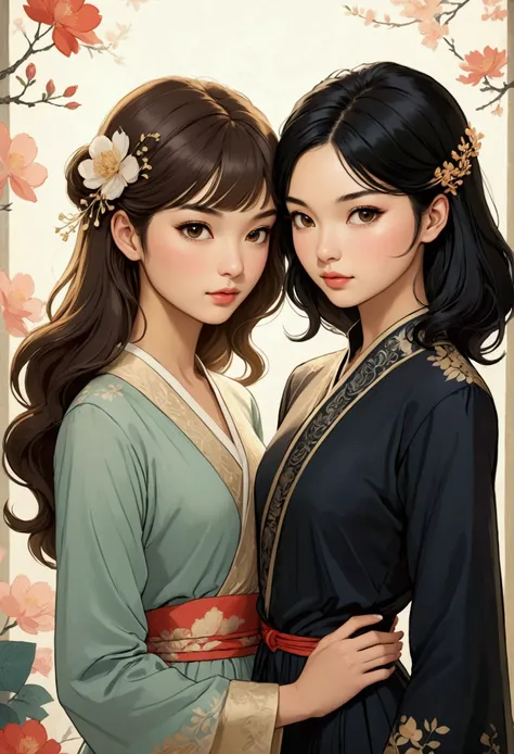 Two beautiful women in love, both dressed elegantly in a tender attitude towards each other, Sarah Kay style, one British, with semi-short light brown hair, and the other woman with delicate Asian features, with long black hair.