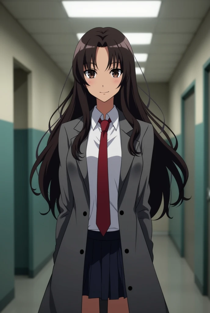 boku no hero screenshot, beautiful woman, dark brown skin tone, long wavy dark brown hair, slanted eyes, dark eyes, smiling expression on the face, uniform gray coat red tie, walking, school hallway in the background, looking at the camera from below, low ...