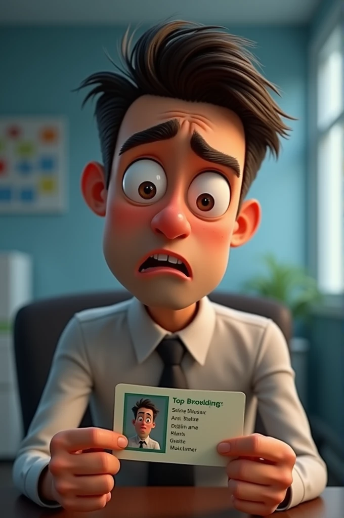 A scared man looking at his Pixar-style work card