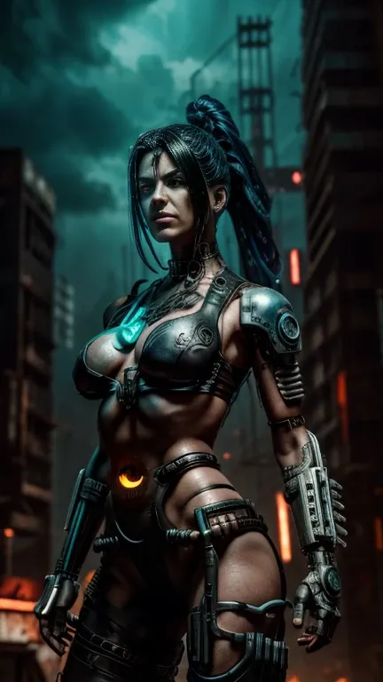 a post-apocalyptic cyborg woman, cyberpunk futuristic android, heavy metal, high-tech machinery, neon lighting, glowing eyes, detailed intricate mechanical parts, hyper-realistic, 8k, photorealistic, masterpiece, cinematic lighting, moody atmosphere, dark ...