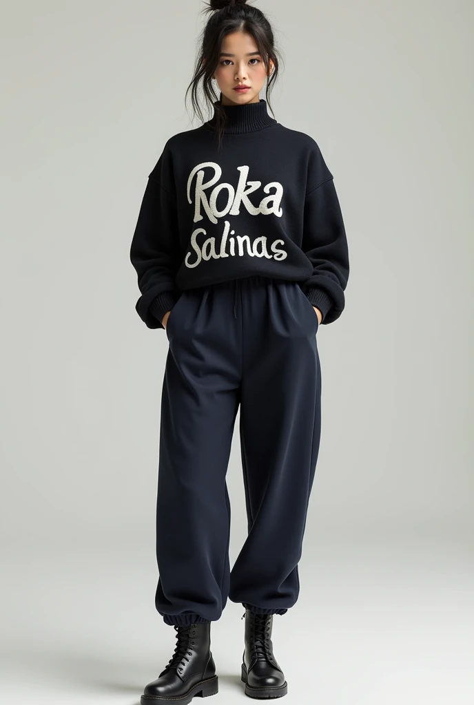 Can you create a pants and sweater design for me?, that it is a very casual and pretty design, but also elegant, I want it in blue, gray or black and for it to say the word ROKA SALINAS, I don&#39;t want any more images or text. That one is very ugly., I w...