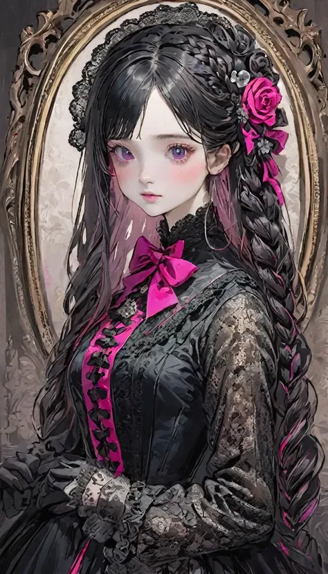 RAW Photos、Realistic、Highest quality、masterpiece、Beautiful Goth Victorian Girl, Cute Face, floral motif, Intricate details, Braided hair, Black lace, Big doll-like eyes, Dark fantasy, Black, Neon pink color, silver, Rose ribbon, Baroque design, Surreal and...