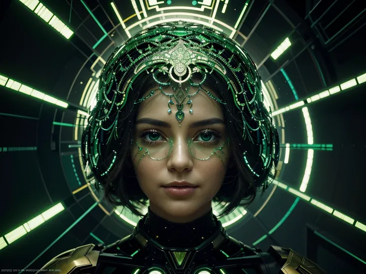 In a breathtaking fusion of vivid emerald greens and shimmering golds, this artwork transports the viewer into a futuristic landscape where artificial intelligence reigns supreme. The meticulous use of fractal patterns creates a sense of order amidst the c...