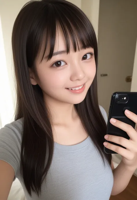 (Masterpiece, BestQuality:1.2), (hyperrealistic:1.1), (8k,Photorealistic), (superrealistic:1.4),little-girl taking a selfie,japanese,17yo,(naked and her nipples are visible),(she is holding a smartphone in one hand and taking a selfie), beautiful nipples,S...