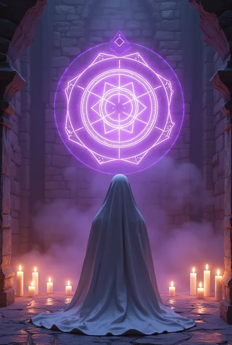 (priestess) A person kneeling and covered by a hooded cloak, (White cloack, white hood) the person is surrounded by candles and looking at a wall, (medieval wall, purple glowing magic symbol). ((From coasts pro observer)). (3D realism, 8k_wallpaper, HD)