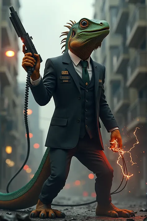 An iguana in a CIA suit attacking Venezuela with electricity cables 