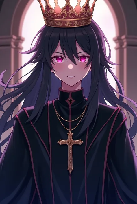 Young man in dark robe, priest, cross necklace, long black hair and pink eyes with a crown on her head, anime style, smiling