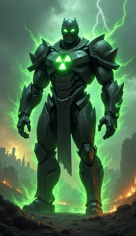 To create an image of a character named "Nuclear," imagine the following:

A powerful and imposing figure with a futuristic, battle-worn suit of armor, glowing with radioactive energy. The armor is dark and metallic, with jagged, angular designs that give ...