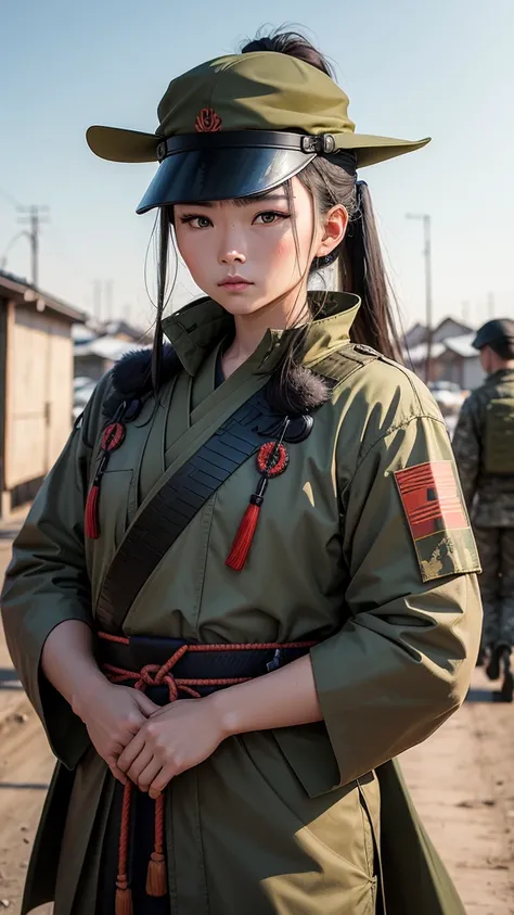 Samurai dressed,in military camouflage modern uniform. Against the backdrop of the military wards. in Kazakhstan