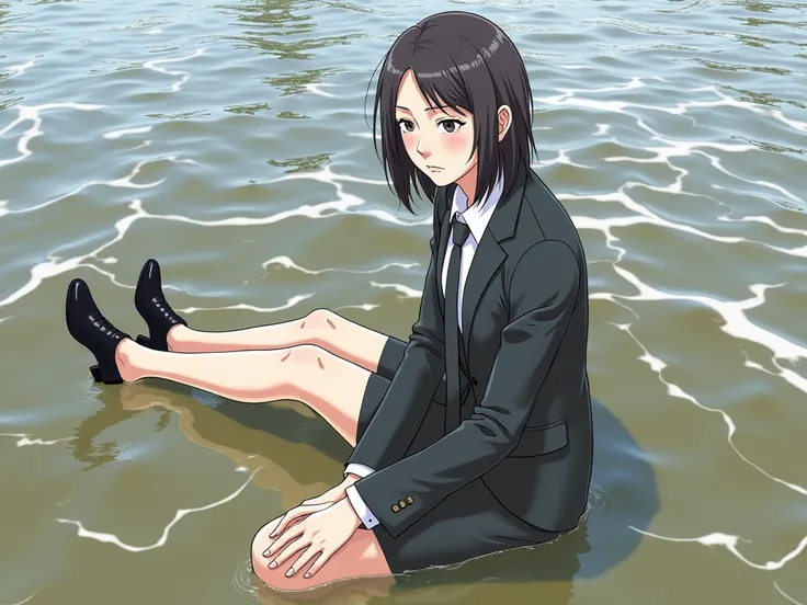 a Japanese woman, business suits and shoes, no makeup, sitting in the river, wet cloths, highly detailed, wrinkled skin, not looking at viewer, masterpiece, ultra realistic