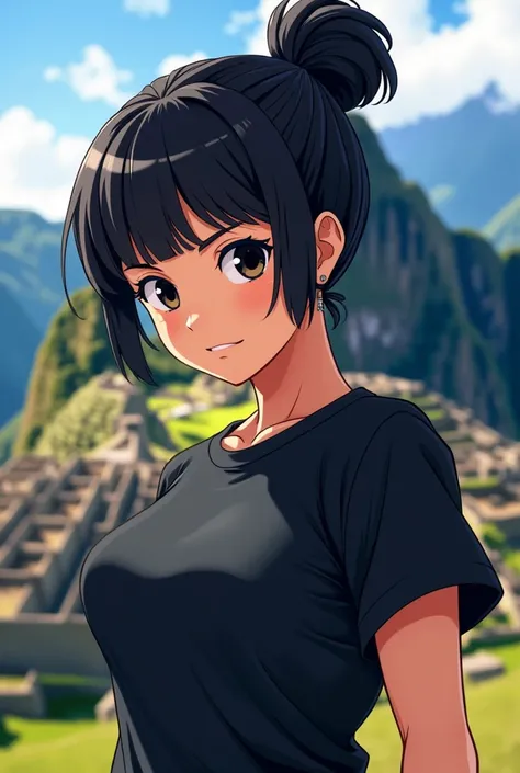 I am Peruvian with short black hair with bangs and big black eyes ,  make my anime And I always have my hair combed in a ponytail as a background I want Machu Picchu and I am a gymrat I wear an oversized black t-shirt to generate model poses
