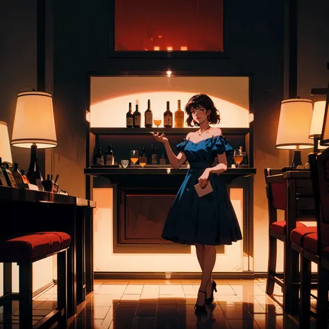 Classic bar counter in a luxury hotel,Cocktail,A dress with atmosphere, Adult woman sitting on a chair , smile, (Backlight: 1.1), A scene from a movie, Soft Shadows, masterpiece, Highest quality, Complex, Model shooting style, Film Grain, Wide Shot、Red lip...