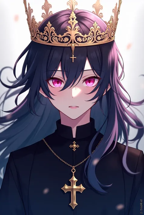 Young man in dark robe, priest, cross necklace, long black hair and pink eyes with a crown on her head, anime style, smiling horizontally 