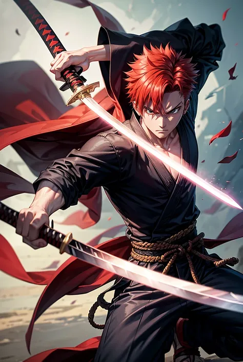 A dynamic scene featuring a male character with spiky red hair, performing a battōjutsu (sword-drawing technique). The character’s vivid red hair is standing on end, charged with energy, and he is in the middle of drawing a katana from its scabbard in a sw...