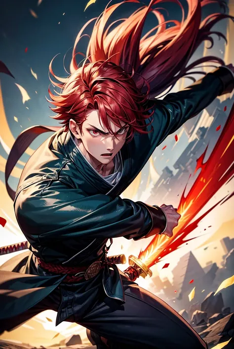 A dynamic scene featuring a male character with spiky red hair, performing a battōjutsu (sword-drawing technique). The character’s vivid red hair is standing on end, charged with energy, and he is in the middle of drawing a katana from its scabbard in a sw...