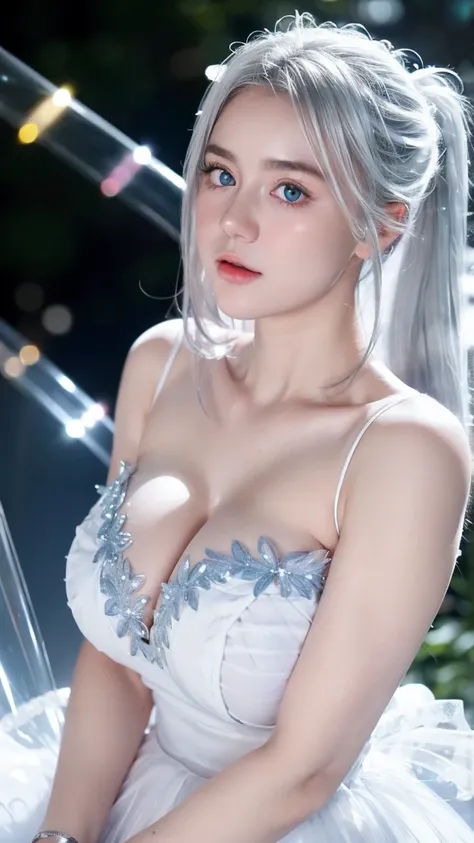 Georgeous, Beautiful, Cute, Baby Face, 1, White Skin, Cleavage, ((Large Colossal Breast:1.3)), Sleeveless, Off Shoulder, Strapless, ((Transparent:1.3)), ((White Long Lolita Dress)), (Embroidery), Posing, ((Silver Hair)), ((Bright Blue Eye)), ((Muscles:1.3)...