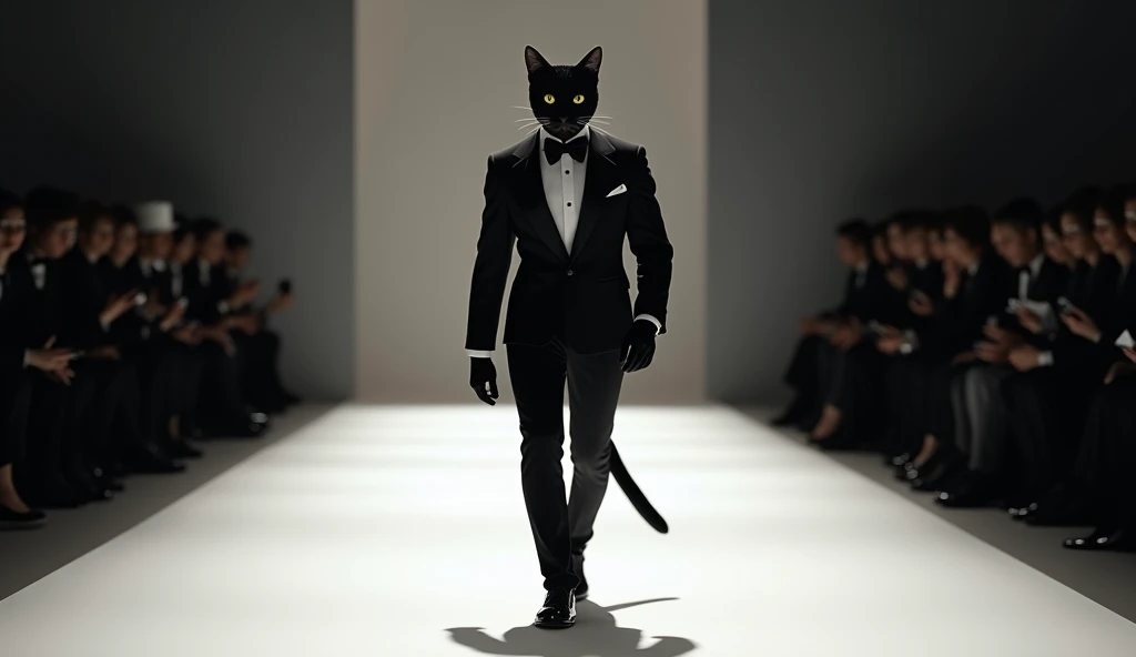 Smoking de Alta Costura: A sleek black cat strutting confidently down the runway in a perfectly tailored tuxedo, complete with bow tie and shiny patent leather shoes. The cat&#39;s posture is upright, exuding elegance and sophistication.

