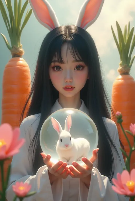 photorealistic photo, asian woman, small, white skin, Turn your face and look straight ahead., Long, fluffy black hair, There are white bunny ears pointing out of both sides of his hair., Holding a clear glass ball, Inside the crystal ball is a little whit...