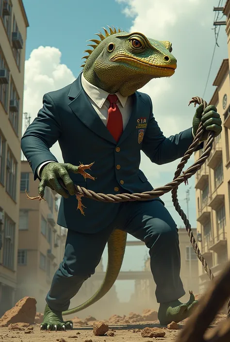 An iguana in a CIA suit attacking Venezuela and holding broken electricity cables in his hand, It can be seen that it is Venezuela and the iguana is wearing a suit from the CIA or some US security body. 