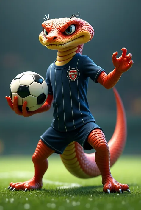 An animated king cobra with a strong and cunning look, He is standing in a dynamic pose like that of a football player.. He holds a soccer ball with one of his paws. He is wearing a dark blue sports shirt with white vertical stripes., similar to football s...