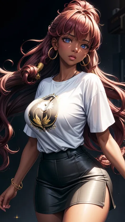 (Best Quality:1.5, High resolution, HD, 4k, detailed lighting, Shaders), floral curly hair, ombre hair, big breasts, lasts, T-shirt, social shirt, short skirt, mature woman , (to throw), White background, colorful eye shadow, dramatic lighting, sparkling e...