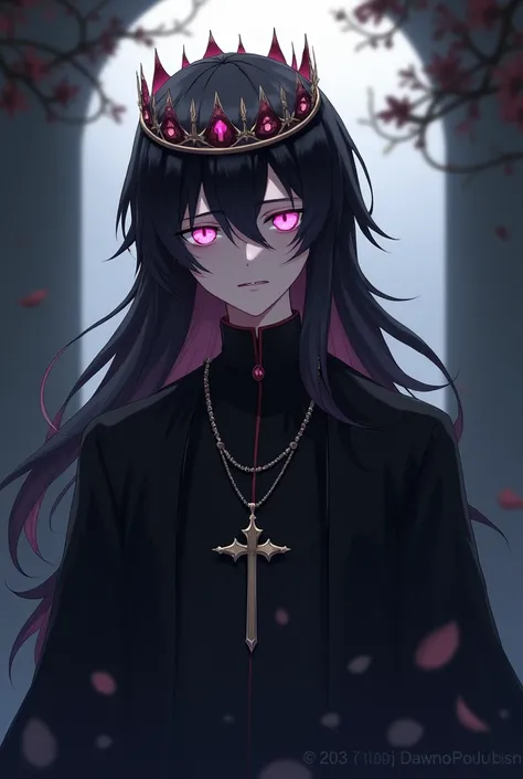 Young man in dark robe, priest, cross necklace, long black hair and pink eyes with a crown on her head, anime style, crying