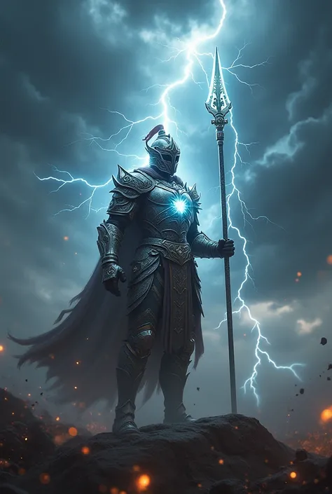 Thunderous Defender: "A warrior blessed by Lord Indra, the god of thunder and war. He stands on a stormy battlefield, his armor crackling with lightning. His helmet is adorned with the symbol of Indras Vajra (thunderbolt), and he wields a spear that channe...