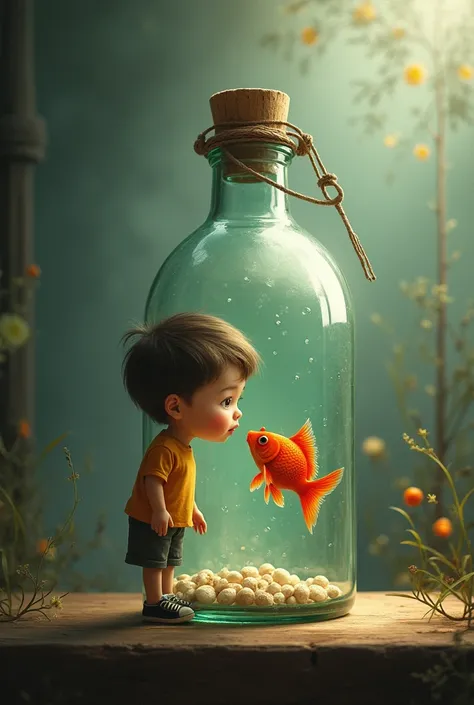 A boy and a fish locked in a bottle 