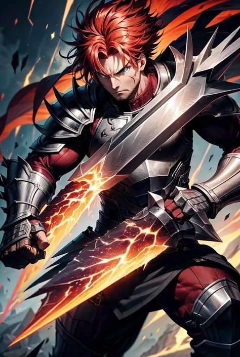 A fierce-looking man with bright red, spiky hair, standing in a battle-ready pose. He grips a massive, intricately designed greatsword with both hands, holding it at the ready as if prepared to strike. His muscular build is accentuated by his powerful stan...