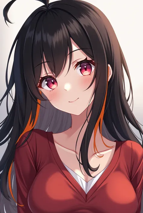 Long black hair girl with orange tips pink eyes normal skin color and waifu with a penis